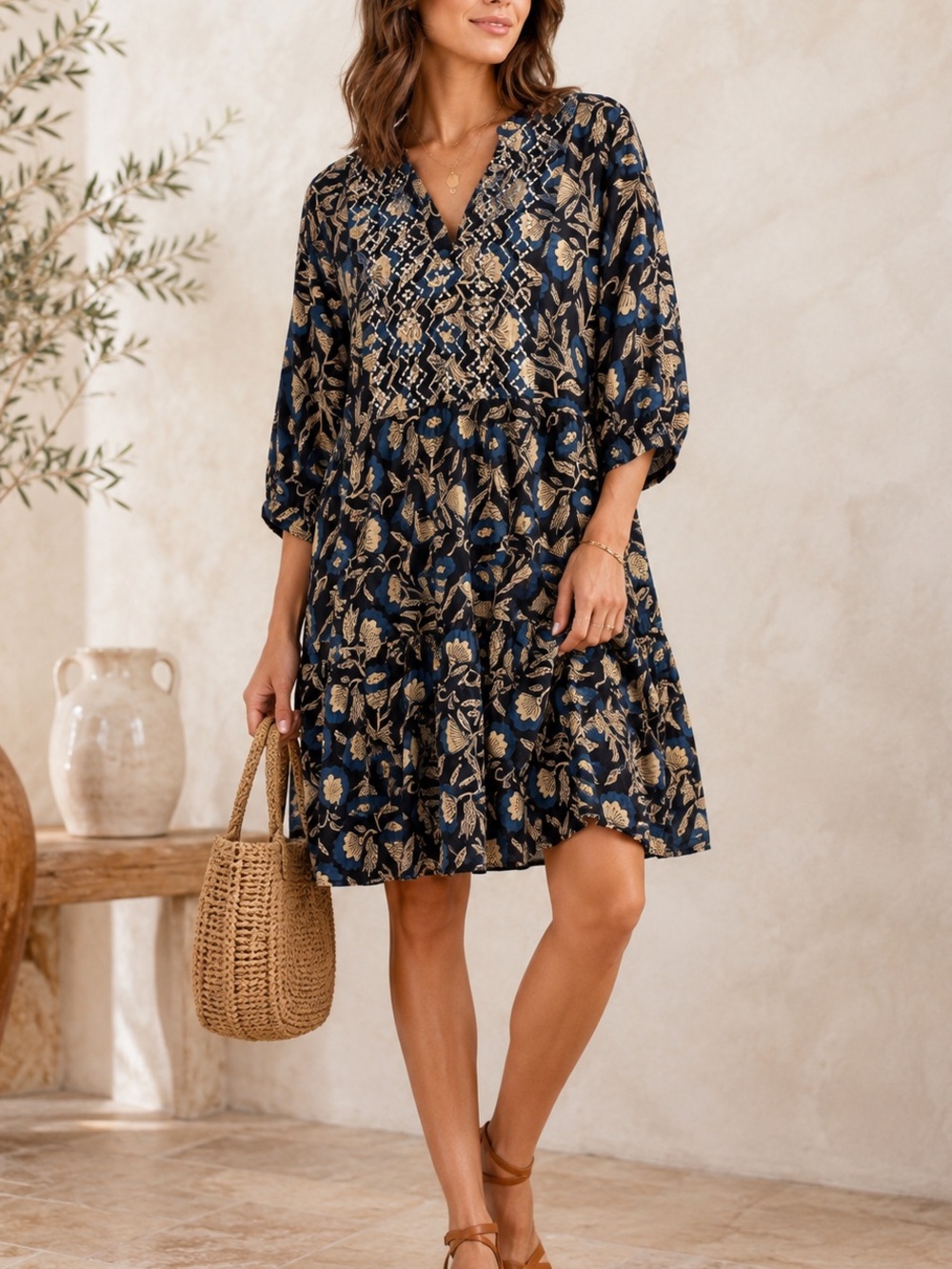 Maison 123 Paris Floral Cotton Embroidered Tiered Dress Blue Beige Size US 12